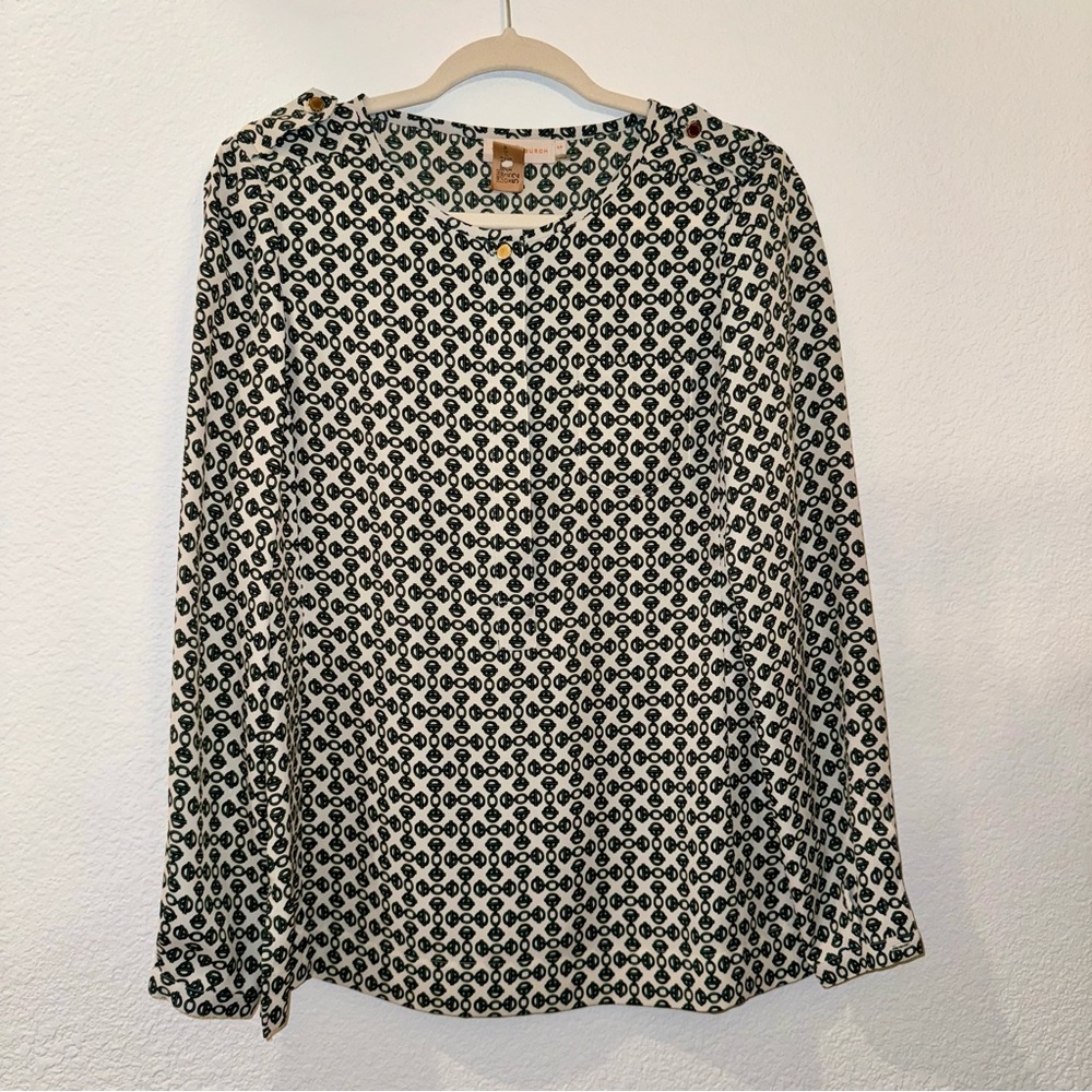 EUC Tory Burch Toggle Chain Blouse Top Green Cream S